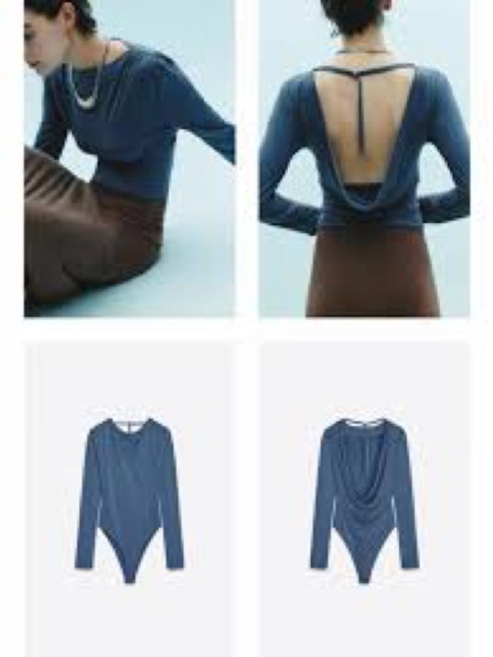 Zara Navy Blue Open-Back Draped Long-Sleeve Bodysuit
